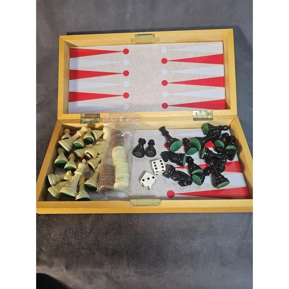 VTG Travel Backgammon Chess Set Wooden Folding Board Checkers Magnetic Pieces
